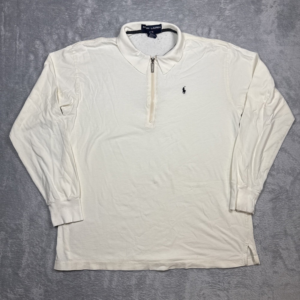 Vintage Ralph Lauren Polo Sport Polo Long Sleeve Men L Off White Zip Distressed